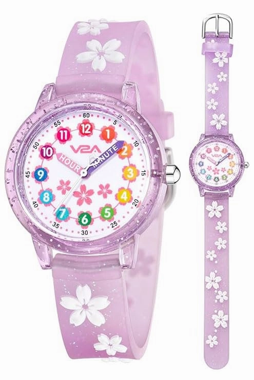 V2A Kids Analog Watch ?Cute 3D Floral Cartoon Design, Soft Multicolour Silicone Strap, 30M Waterproof, Easy Time Learning Quartz Watch for Girls Aged 3?0 | Birthday & Return Gift