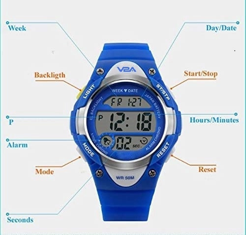 V2A Kids Blue LED Backlight Stainless Steel Case Waterproof Digital Sports Casual Watch For Boys And Girls