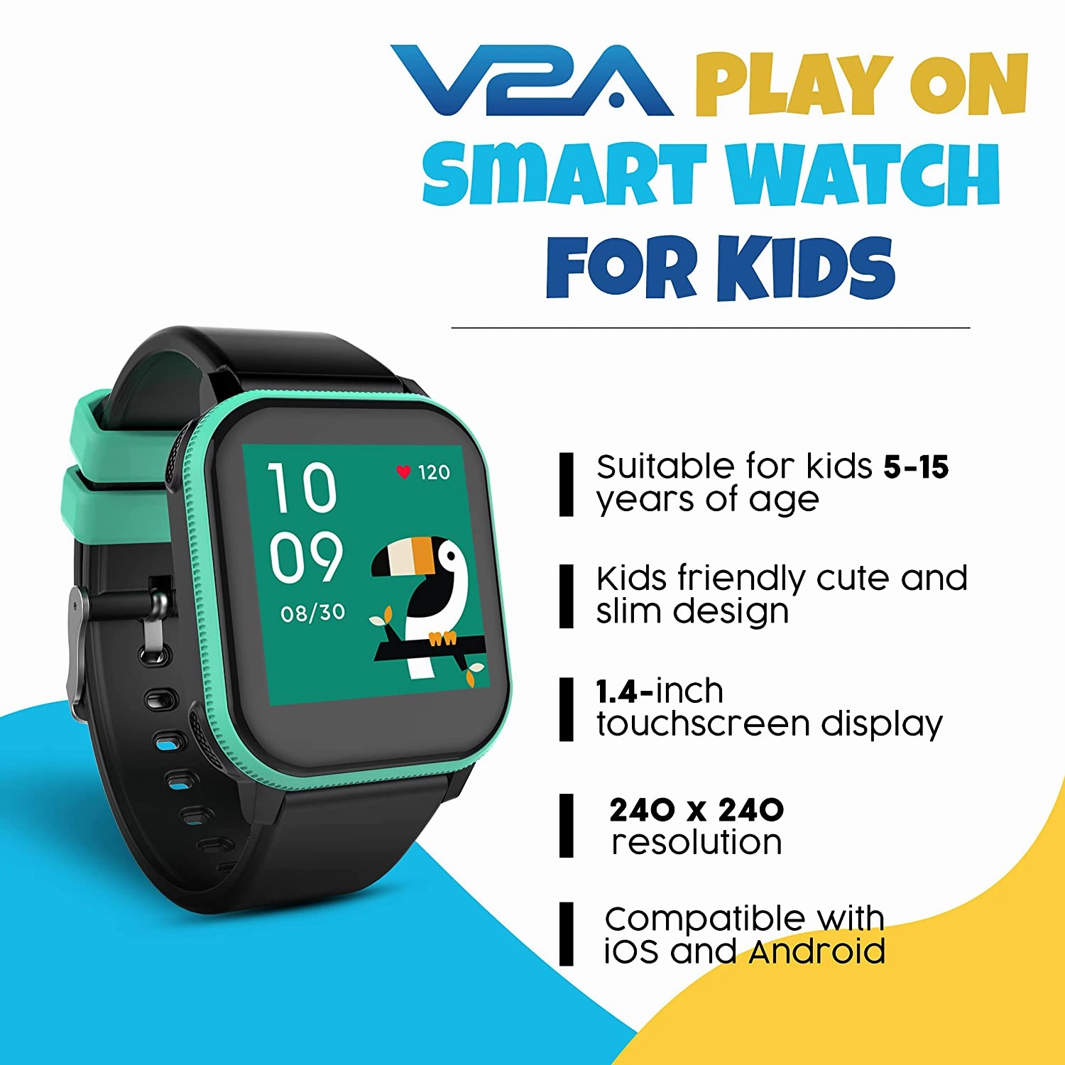 V2A PlayOn Smart Watch for Kids and Teens with Inbuilt Games?Smart Watch for Girls and Boys ?Compatible with iOS and Android ?IP68 Waterproof - 7 Days Battery Backup
