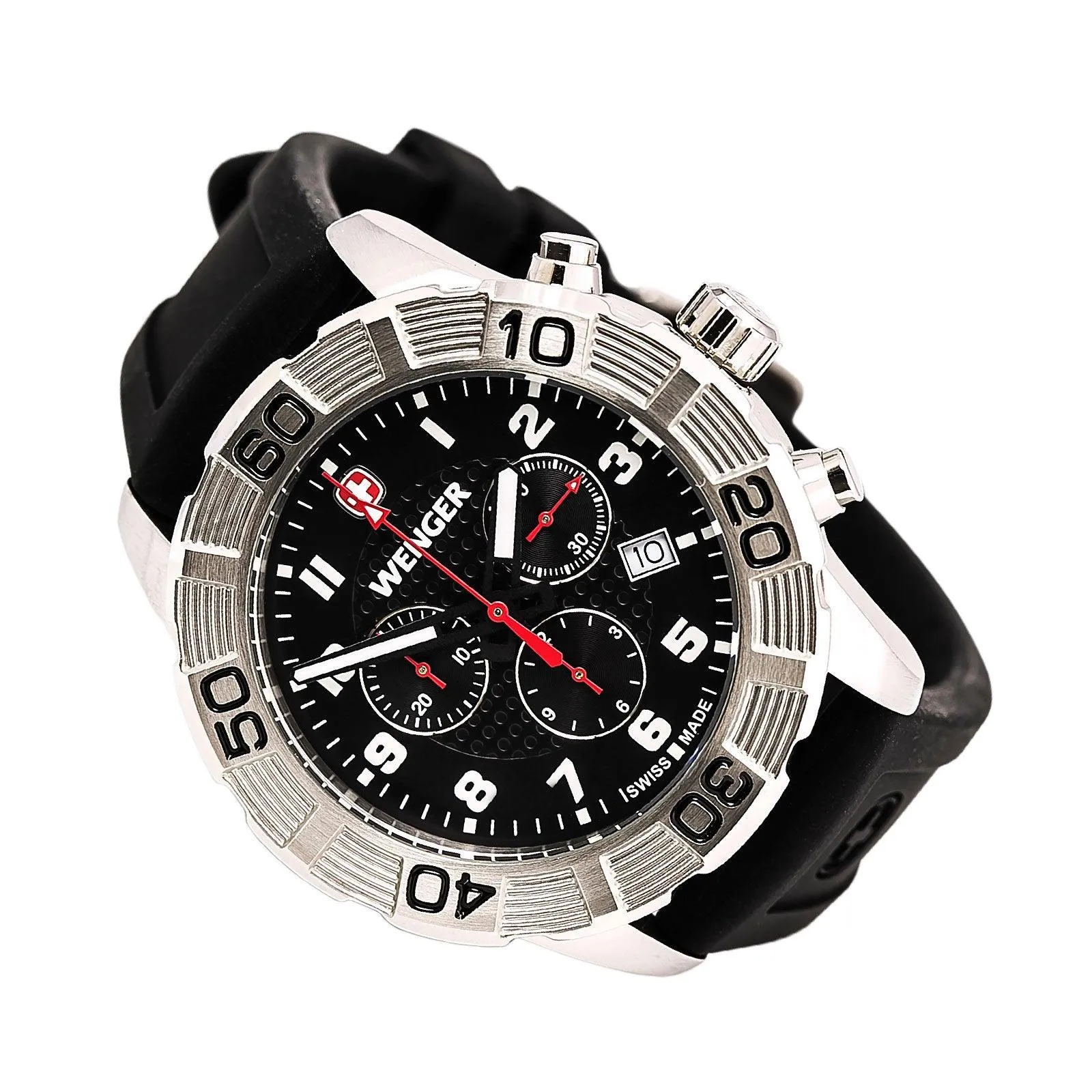 Wenger 01.0853.101 Men's Roadster Chrono Silver Bezel Black Dial Black Rubber Strap Watch