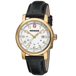 Wenger 01.1021.109 Women's Urban Classic White Dial Gold Plated Steel Black Leather Strap Watch