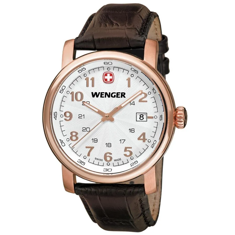 Wenger 01.1041.109 Men's Urban Classic White Dial Rose Gold Steel Brown Leather Strap Watch