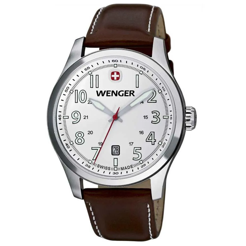 Wenger 0541.103 Men's Terragraph Swiss Made White Dial Brown Leather Strap Watch