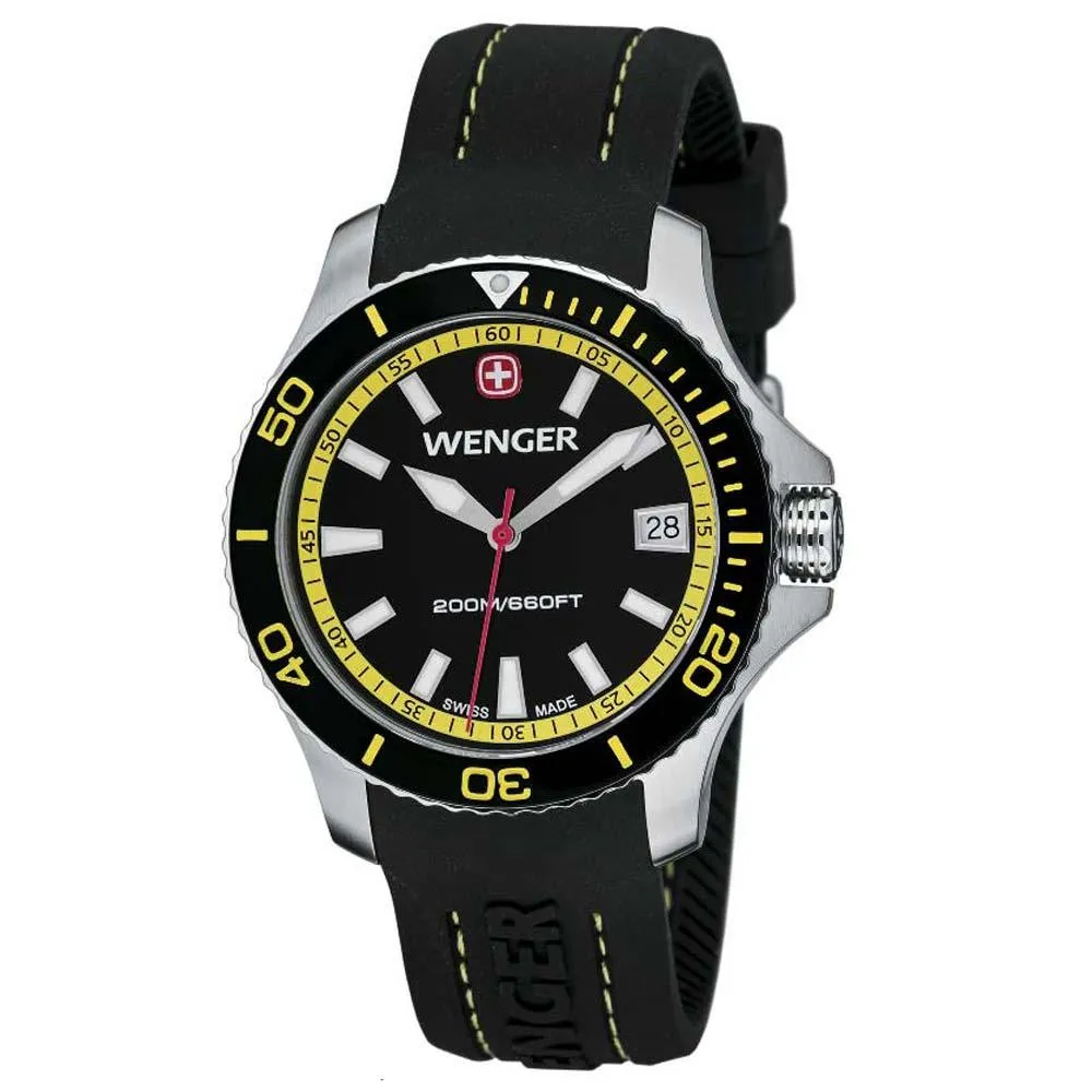 Wenger 0621.101 Women's Sea Force Yellow Accents Black Dial Silicon Rubber Strap Watch