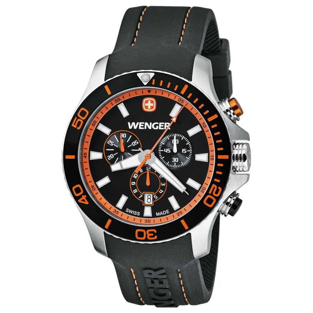 Wenger 0643.104 Men's Sea Force Black & Orange Dial Black Rubber Strap Chronograph Dive Watch
