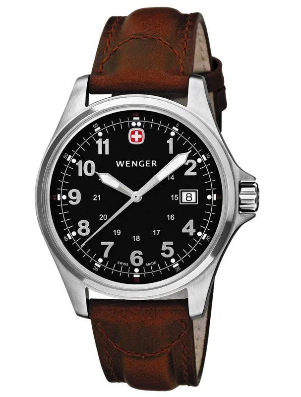 Wenger 72784 Men's Swiss Black Dial Leather Strap Watch