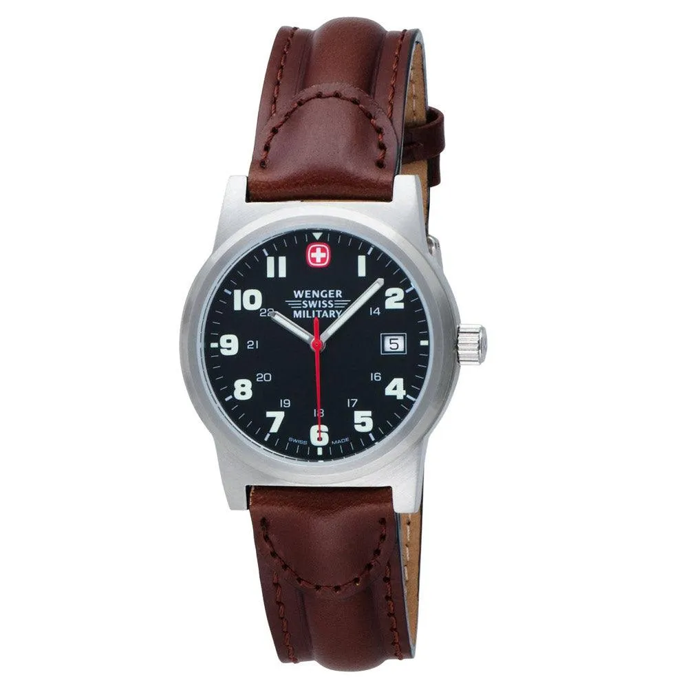 Wenger 72917 Men's Military Classic Field Sports Black Dial Brown Leather Strap Swiss Watch