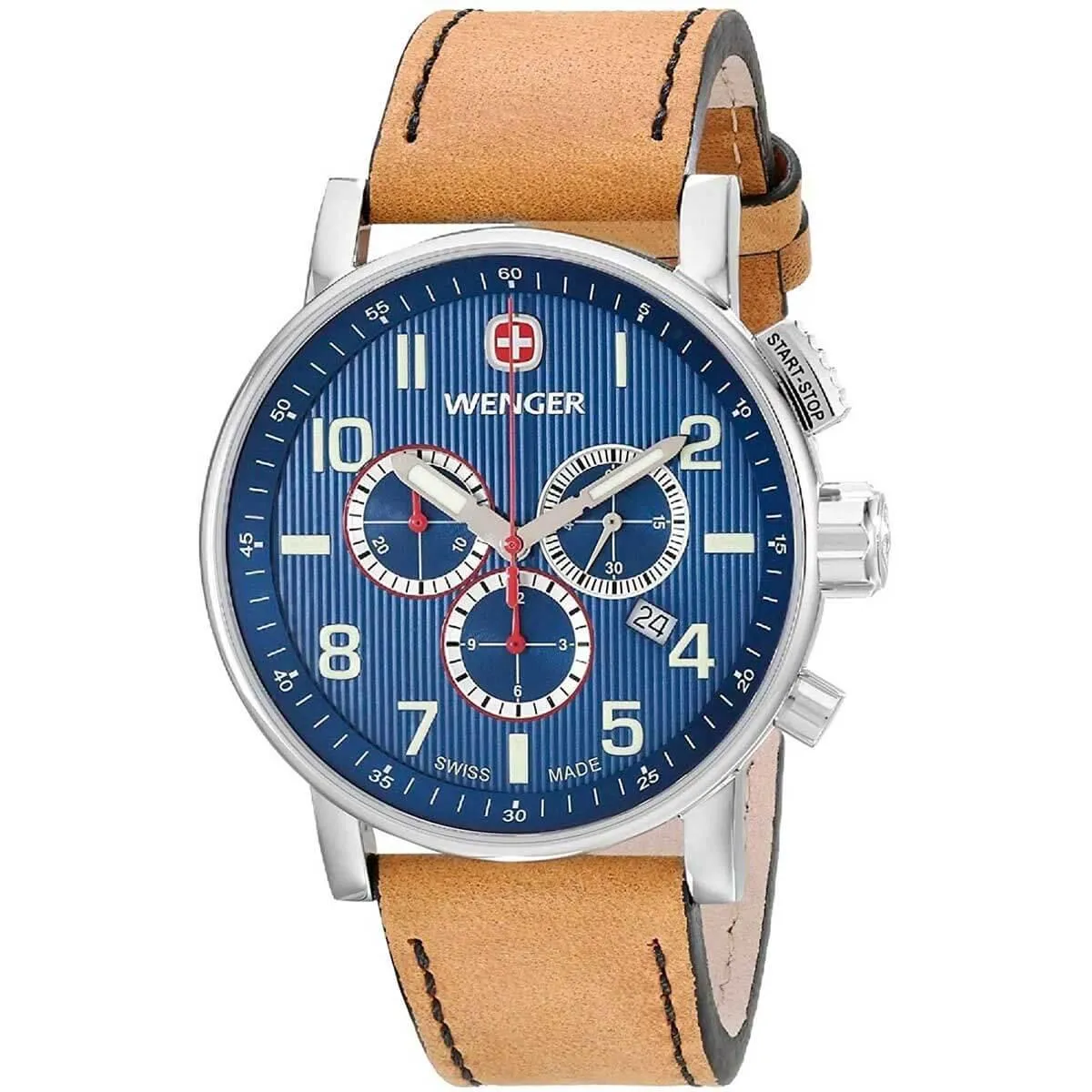 Wenger Men's Chronograph Watch - Attitude Blue Dial Brown Leather Strap | 01.0343.101