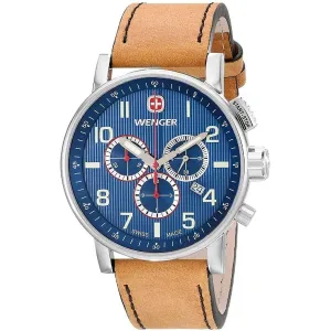 Wenger Men's Chronograph Watch - Attitude Blue Dial Brown Leather Strap | 01.0343.101
