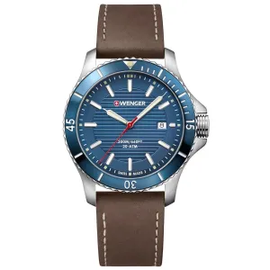 Wenger Men's Swiss Quartz Watch - Seaforce Blue Dial Brown Strap Dive | 01.0641.130