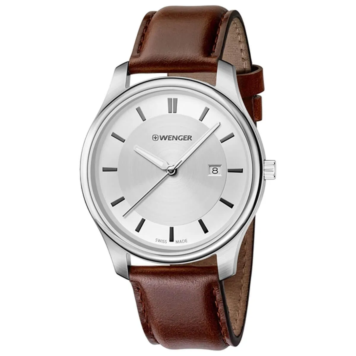 Wenger Swiss Made Men's City Classic Silver Tone Dial Brown Leather Strap Watch | 01.1441.122