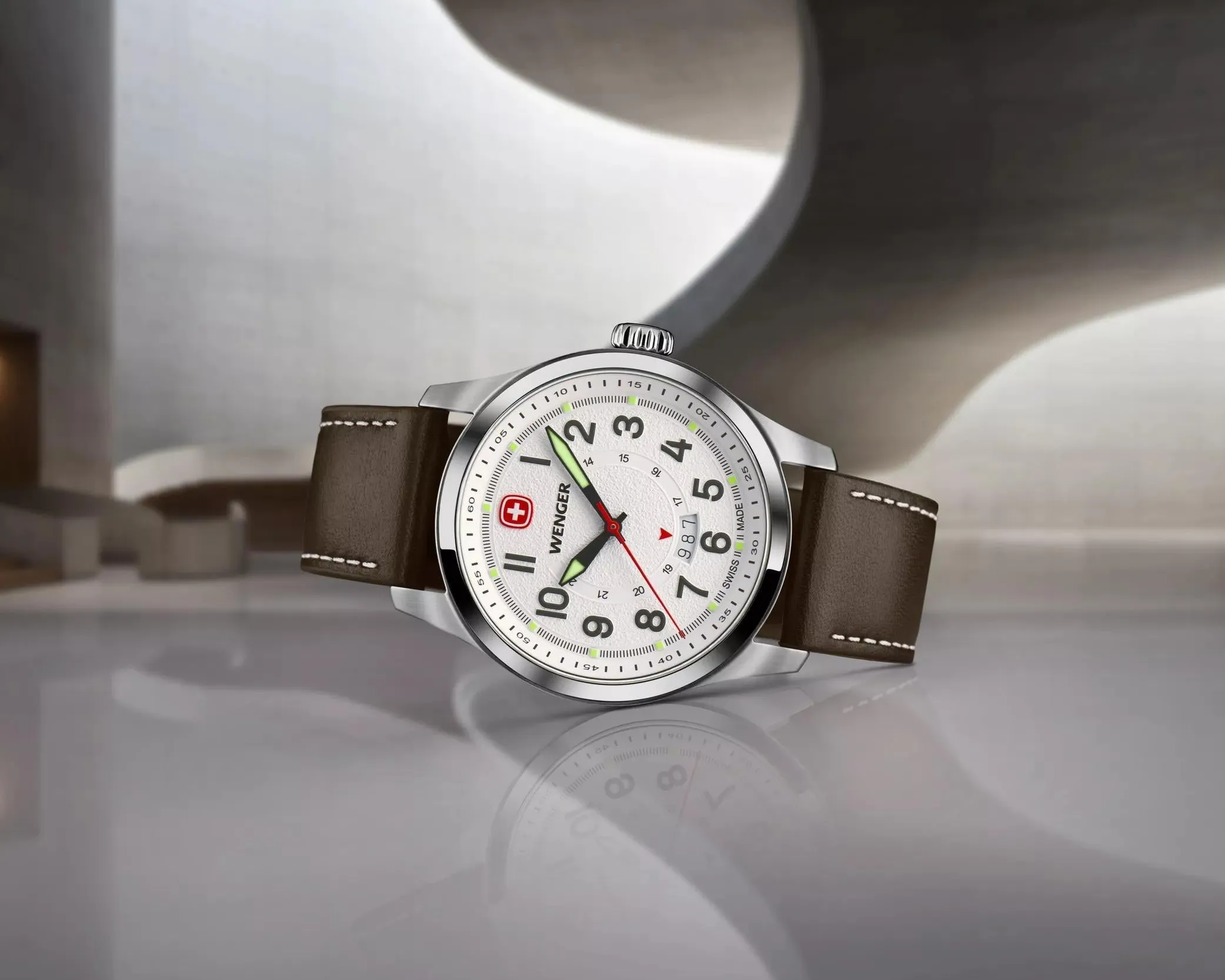 Wenger Terragraph 43 mm White Dial Brown Leather Watch 01.0541.120