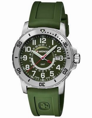 Wenger Mens Off Road GMT - Stainless Steel - Green Dial - Green Silicone Strap
