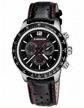 Wenger Mens Roadster Black Night Chronograph - Black Dial & Leather Strap
