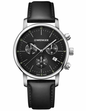 Wenger Mens Urban Classic Chronograph - Black Dial - Leather Strap - Date - 100m