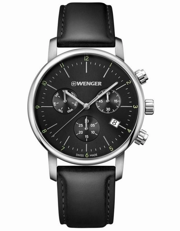 Wenger Mens Urban Classic Chronograph - Black Dial - Leather Strap - Date - 100m