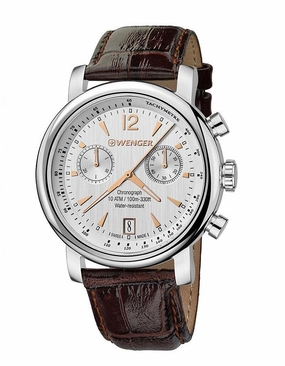 Wenger Mens Urban Vintage Chronograph - Silver-Tone Dial - Leather Strap - Date