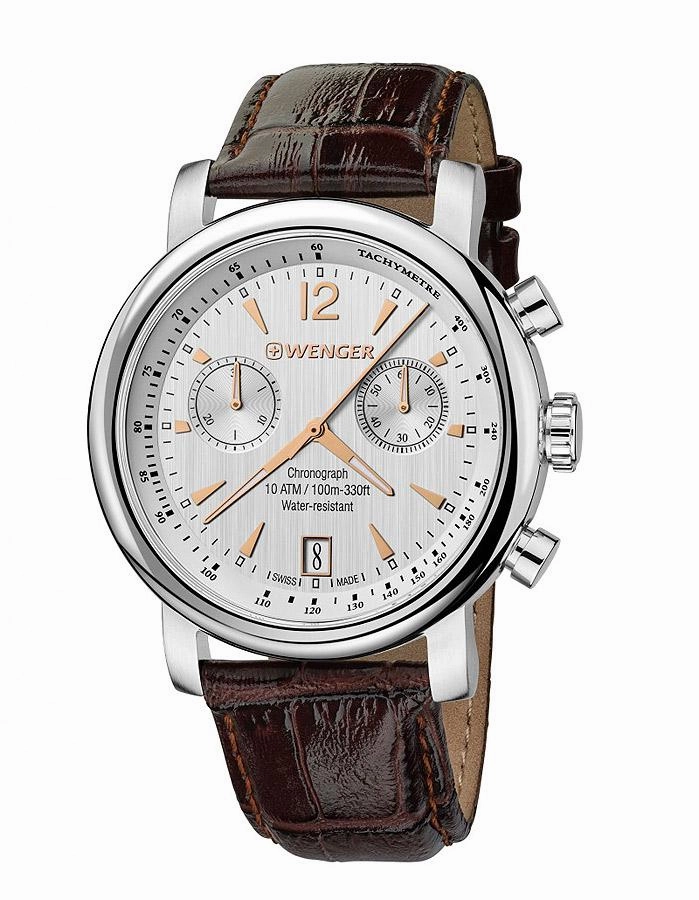 Wenger Mens Urban Vintage Chronograph - Silver-Tone Dial - Leather Strap - Date