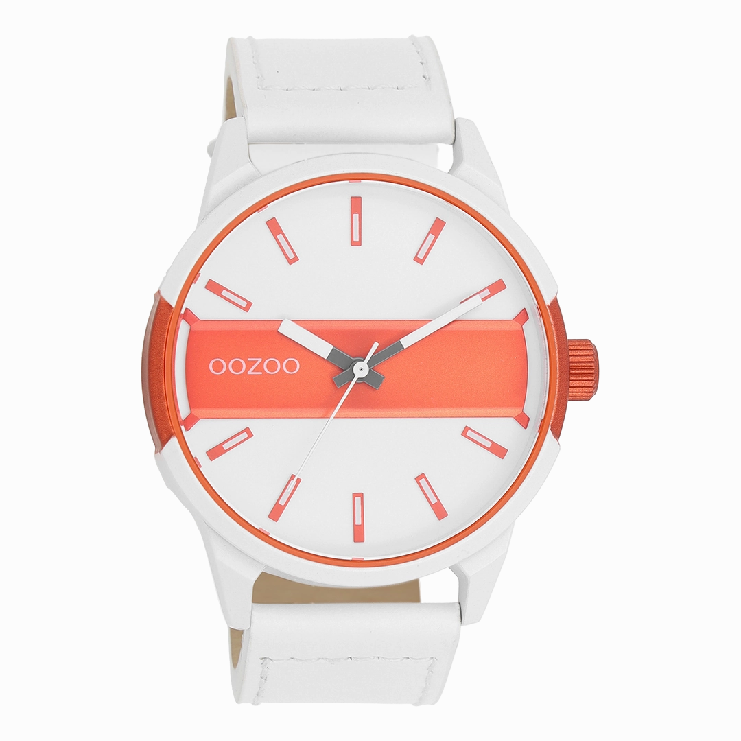 White/fluo orange OOZOO watch with white leather strap - C11316