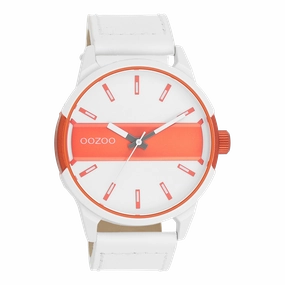 White/fluo orange OOZOO watch with white leather strap - C11316