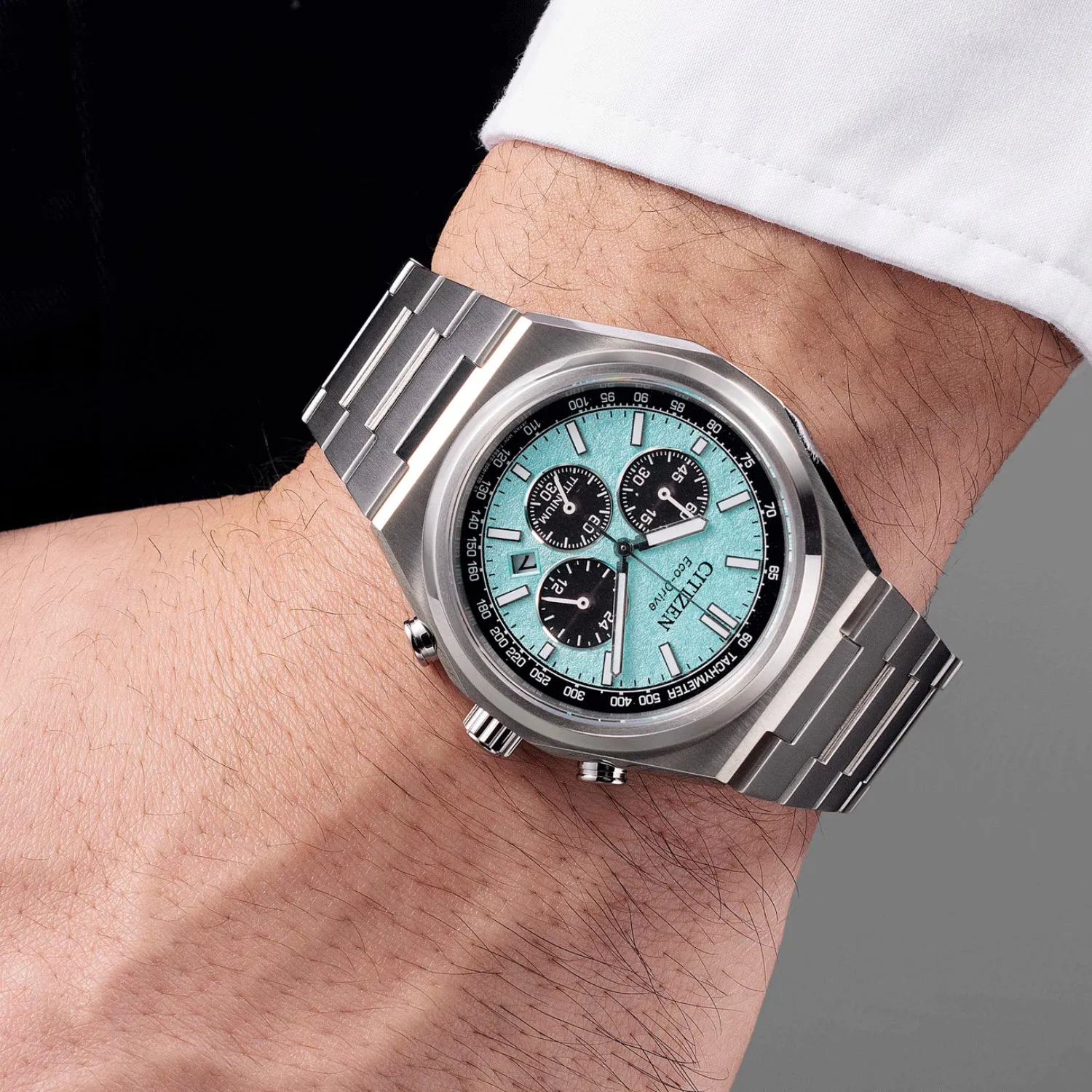 Zenshin Men Eco-Drive Light Blue Dial Chronograph Titanium Watch CA4610-85M